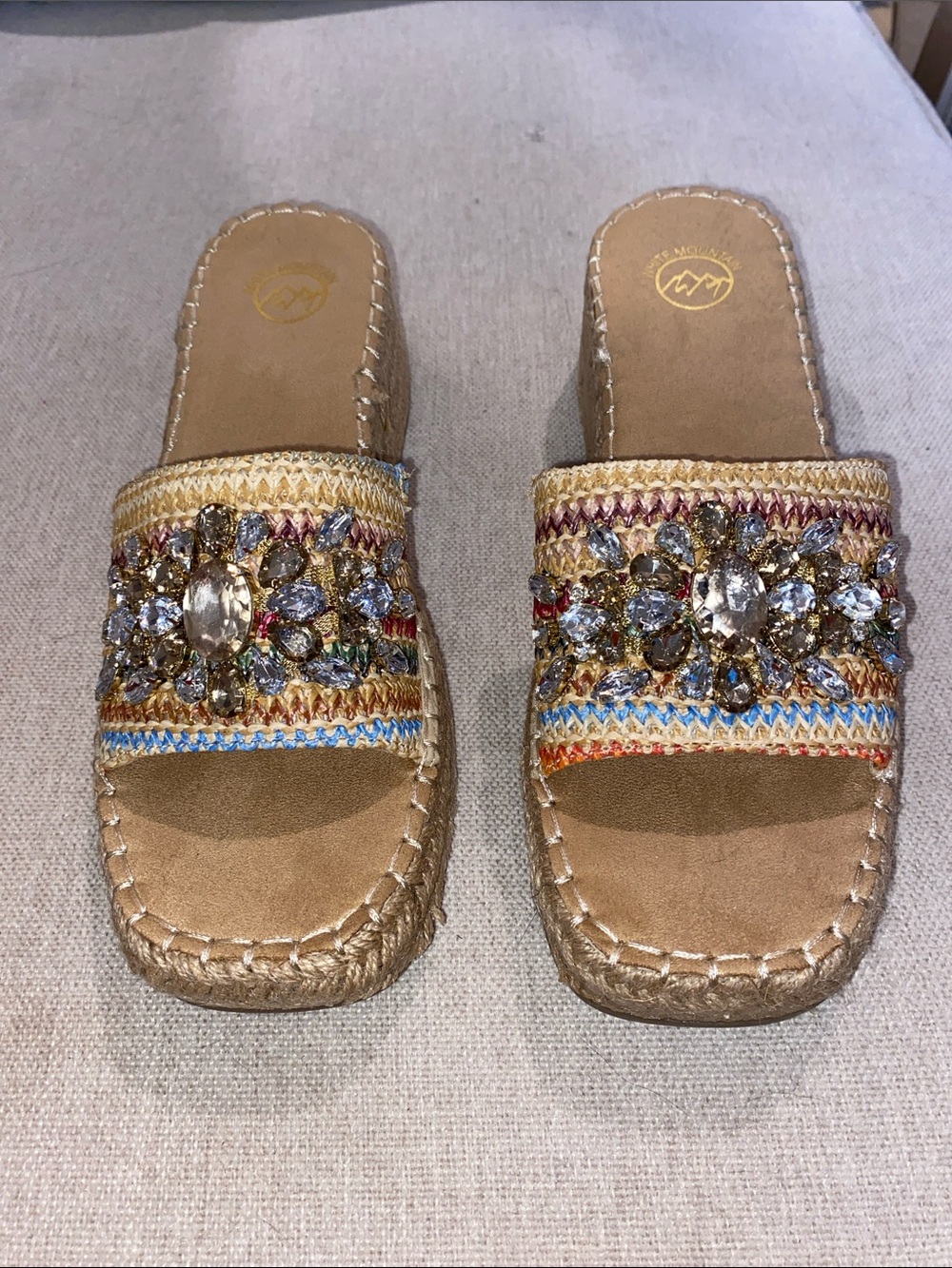 White Mountain Gold Jeweled Slide Mules with Multicolor Stitching